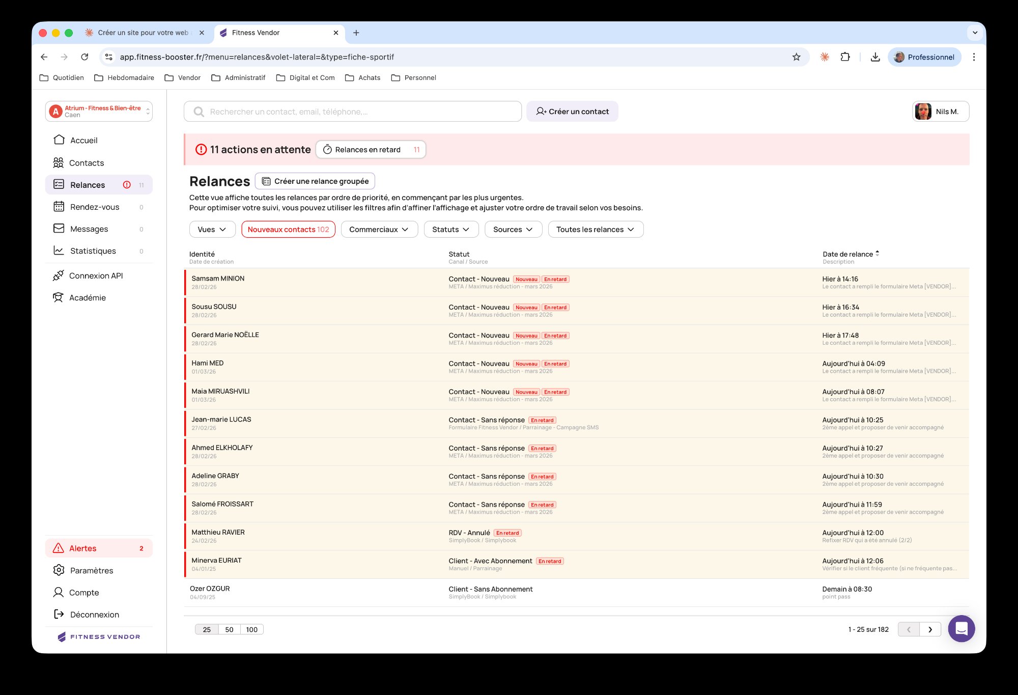 Interface de relances automatiques Fitness Vendor — liste des leads prioritaires