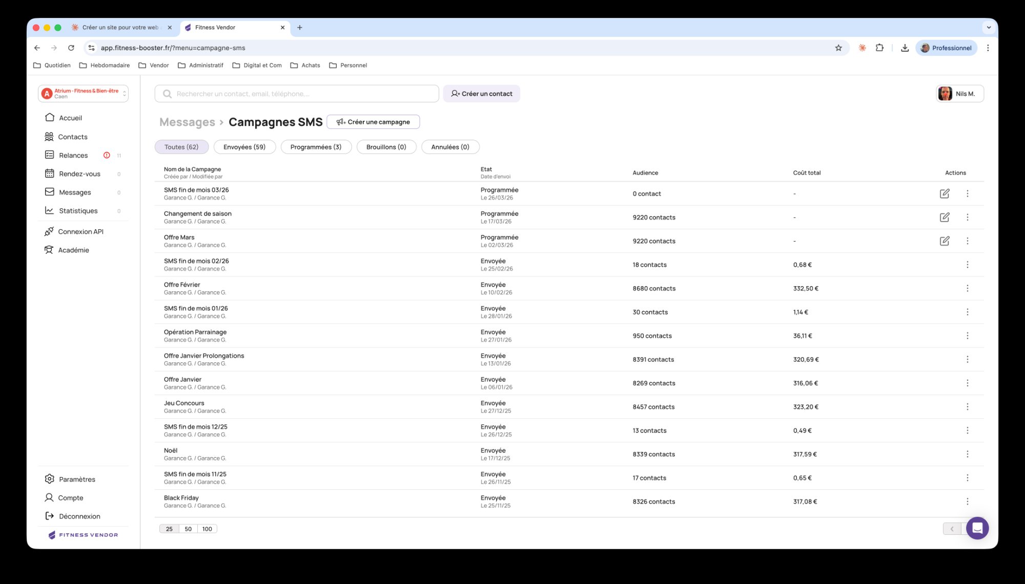 Gestion des campagnes SMS dans Fitness Vendor — liste des envois programmés et envoyés