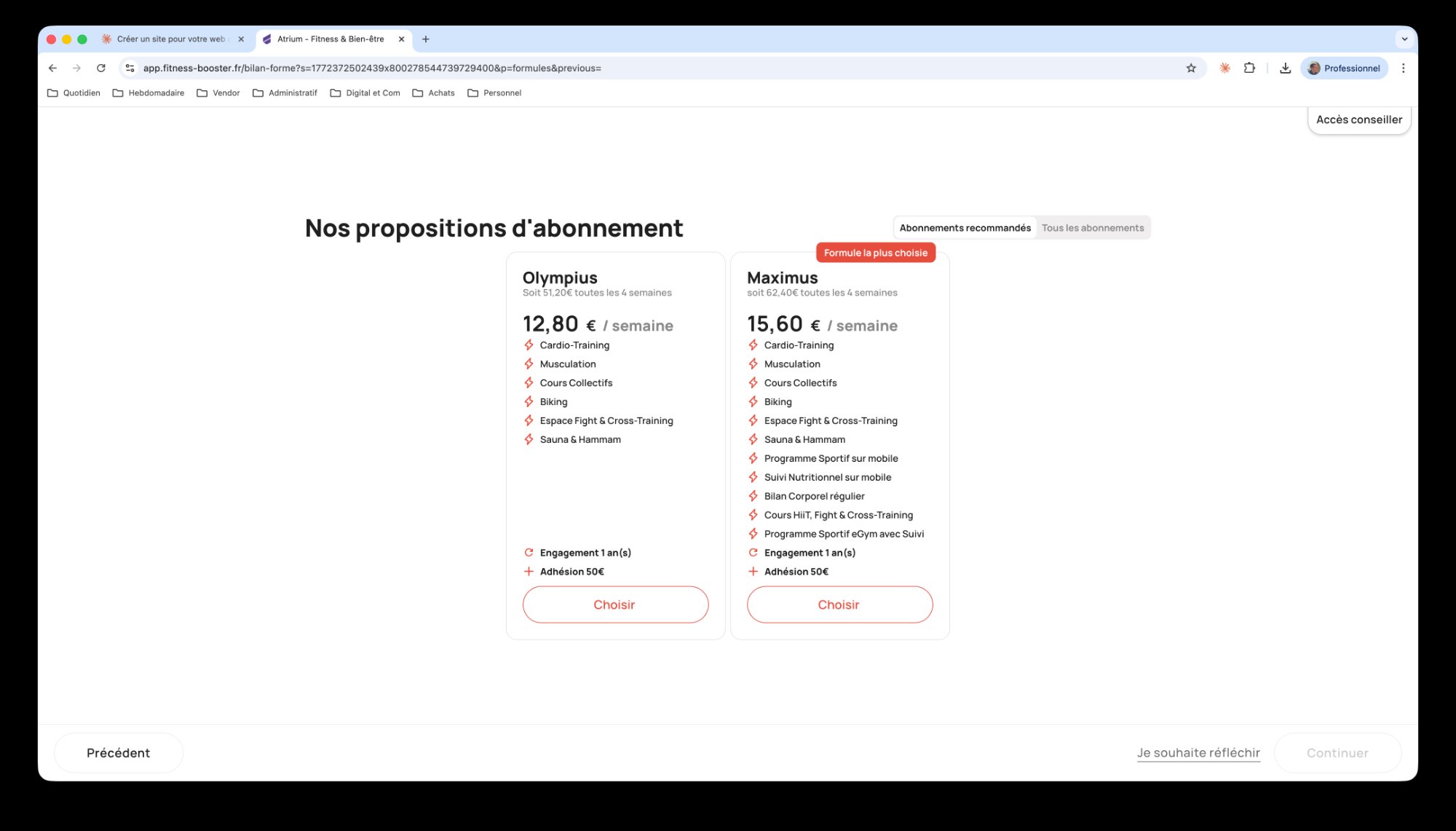 Présentation des formules d'abonnement adaptées au prospect dans Fitness Vendor